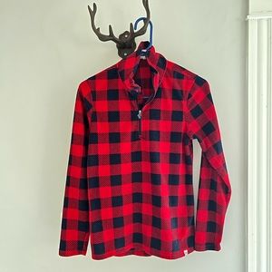 Buffalo plaid red and navy blue fleece half zip